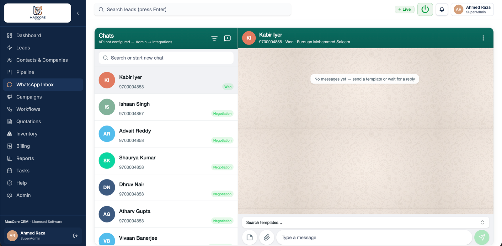 MaxCore CRM WhatsApp inbox under a white-label deployment