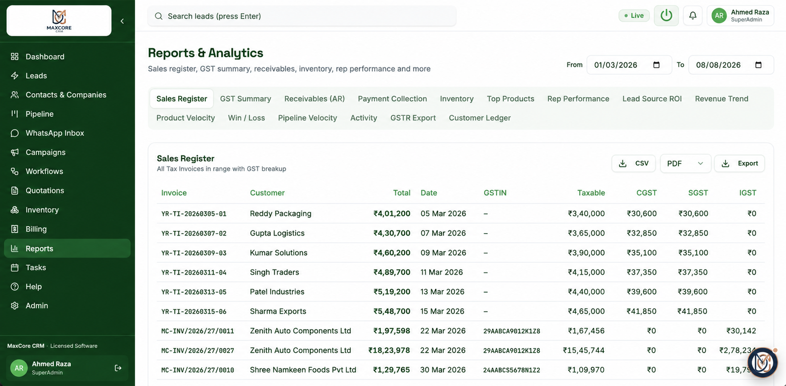 MaxCore CRM reports in forest green theme